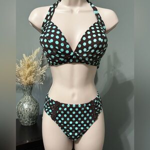 Venus Polka Dot Halter Bikini Set - Brown and Blue Size 10 + DD top 38C/36D/34DD
